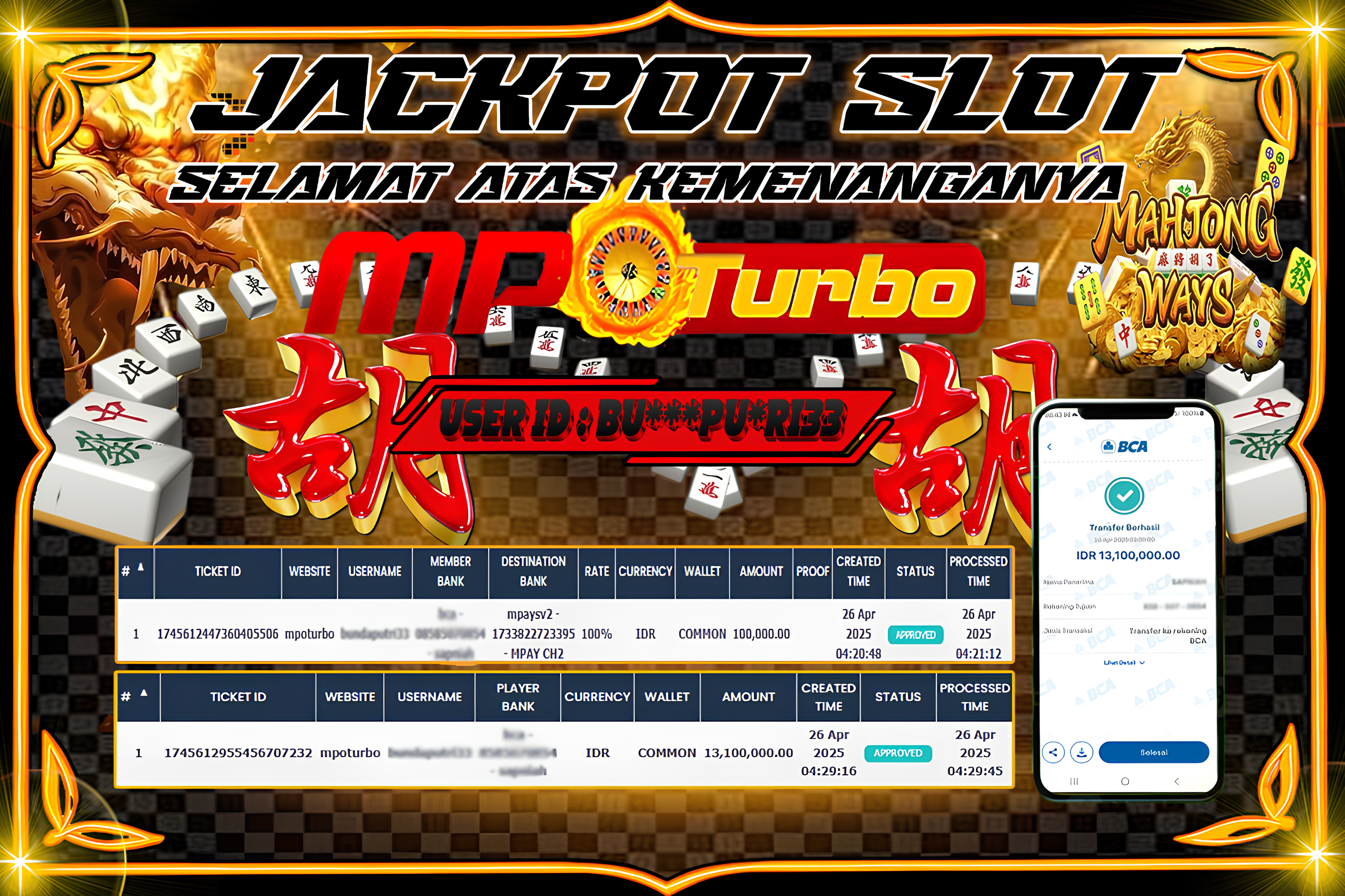 MPOTURBO JACKPOT SLOT MAHJONG WAYS  Rp13,100,000.00,- LUNAS